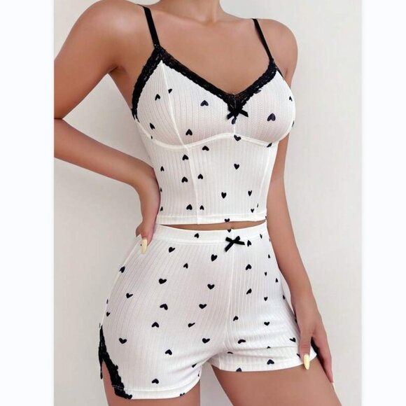2/$40 Heart Prints White Pajama Set Shorts and Tank Top Sleeveless Lace Pj - Picture 4 of 5